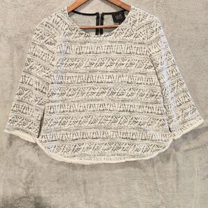 W5 White Black Aztec Southwestern 3/4 Sleeve Blouse Size Small Fringe Western